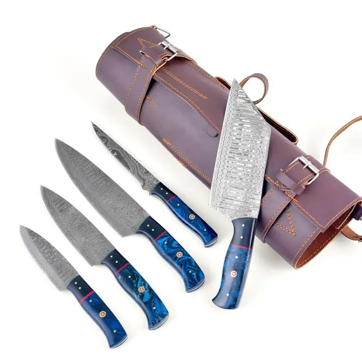 Titan’s Artisanal Mastery: Blue Galaxy Damascus Steel 5-Piece Kitchen by Titan International K - main product image for Resin Society