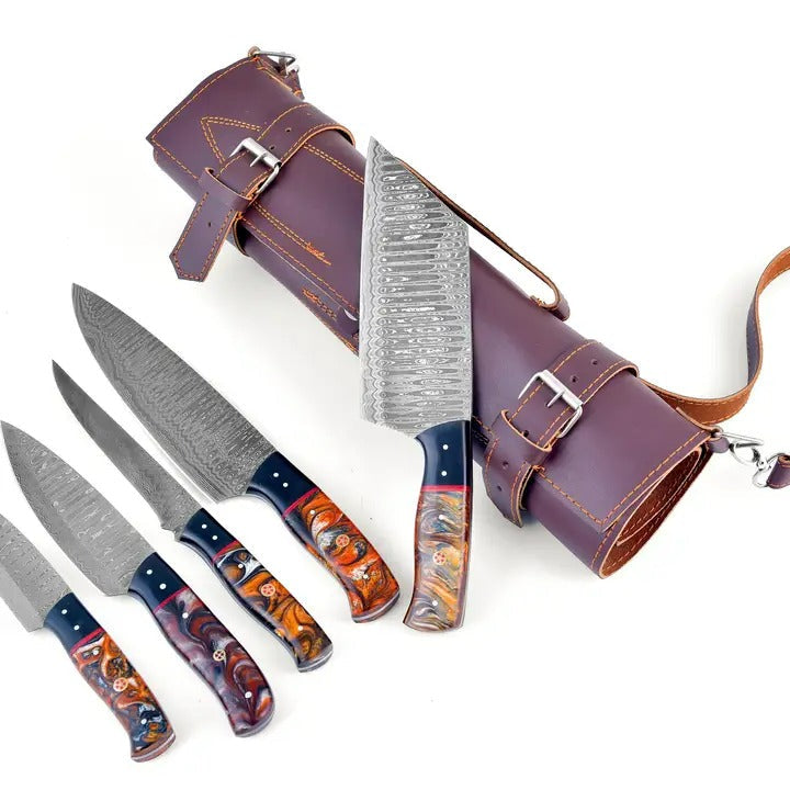 Titan’s Artisanal Mastery: Molten Amber Damascus Steel 5-Piece Kitchen by Titan International K - main product image for Resin Society