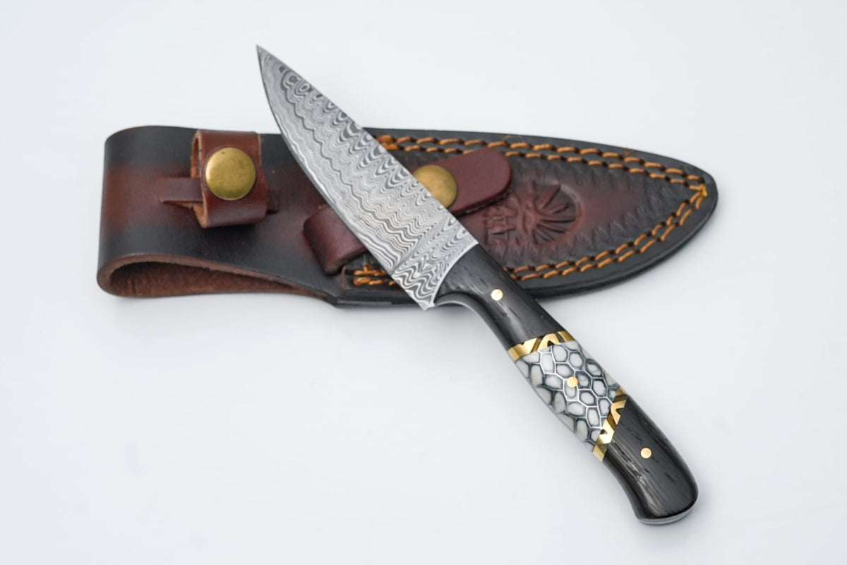 Titan HexForge Damascus Utility Knife with Damascus steel blade and wood resin handle with honeycomb pattern