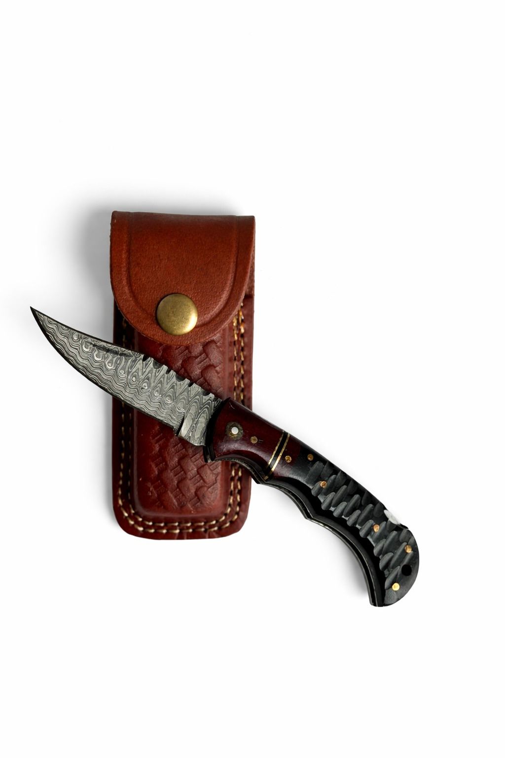 Titan Ironclaw Damascus Folding Knife with Damascus steel blade and wood composite handle, shown alongside handcrafted leather sheath.