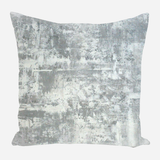 Square pillow with abstract textured pattern in various shades of gray and white, resembling a misty or rainy scene with a soft, fabric surface.