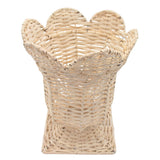 White wicker urn-shaped vase with flower-petal shaped rim and square base, featuring tightly woven wicker strands in a natural light color.