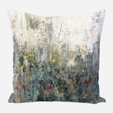 Square pillow with abstract textured design featuring muted grays, whites, blues, and small yellow accents, resembling an impressionistic wildflower scene.