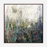 Abstract canvas painting with textured layers of muted grays and blues, accented by scattered small yellow and red brushstrokes suggesting wildflowers.