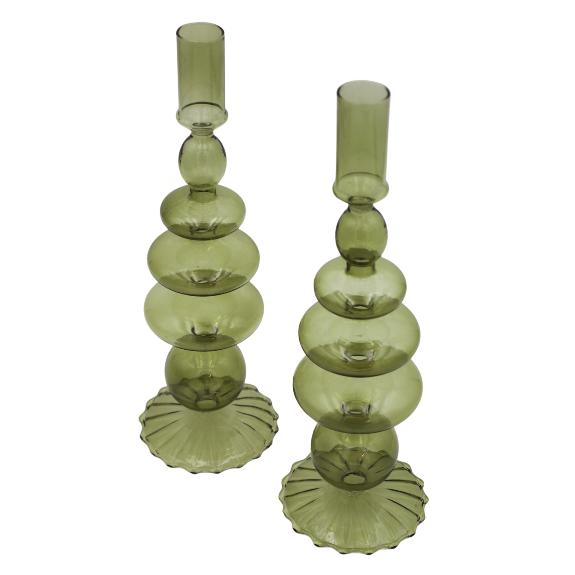 Pair of Willow Green Candle Holders with ribbed bases displayed on neutral background