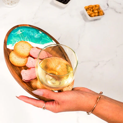 Wine & Appetizer Resin Tray with recessed wine glass spot and appetizer rim, handcrafted with acacia wood and resin