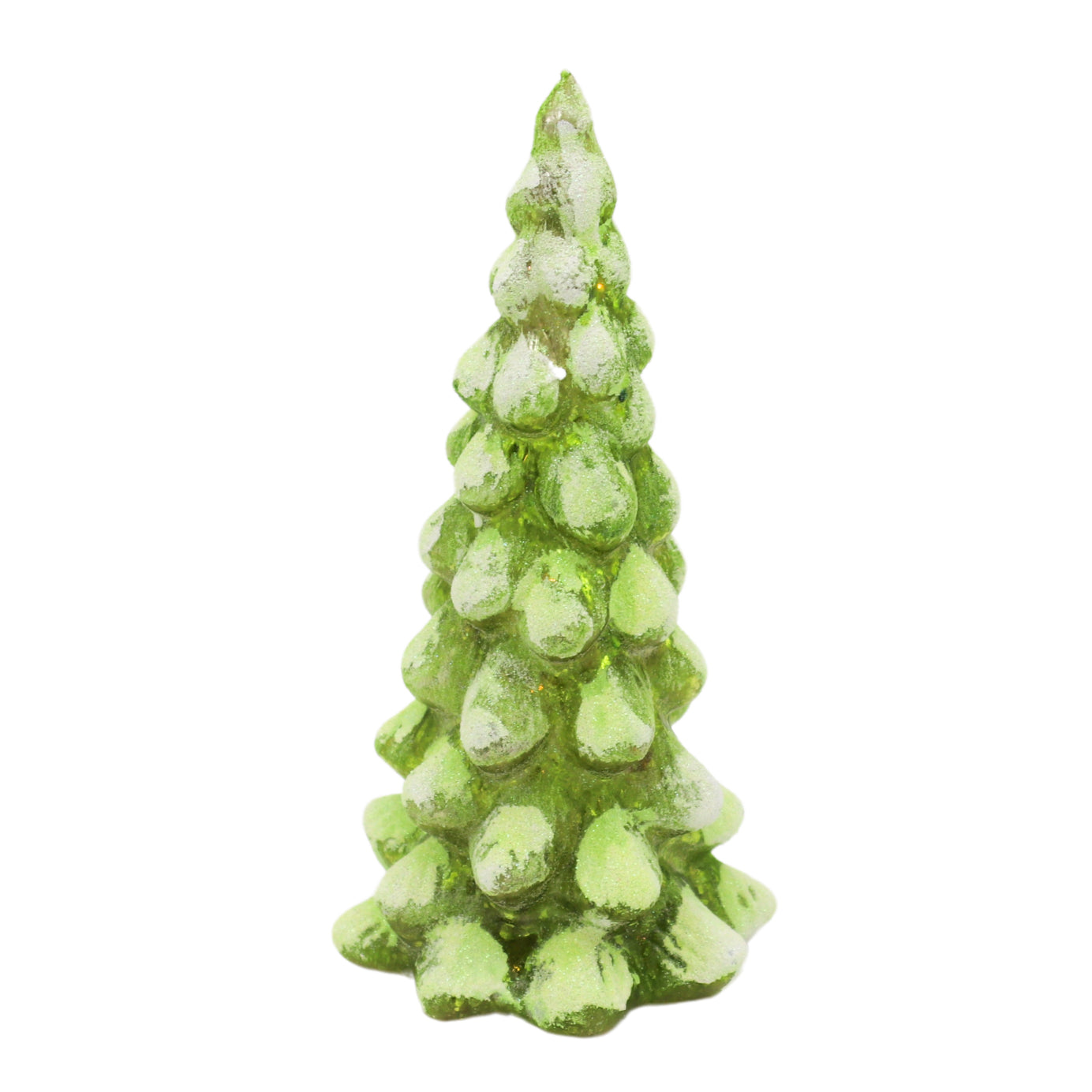 Pair of illuminated Winter-glow Pine Tree figurines with snow-dusted branches, emitting a soft green and white glow.
