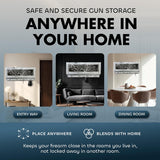 Three interior settings show a rectangular, white-framed gun concealment decor with a black and white winter tree design mounted above door, sofa, and dining table.