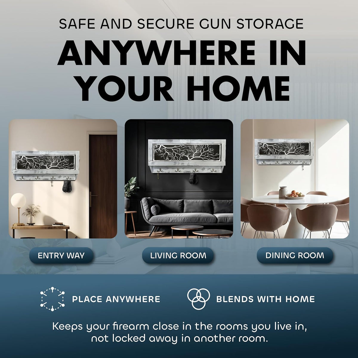 Three interior settings show a rectangular, white-framed gun concealment decor with a black and white winter tree design mounted above door, sofa, and dining table.