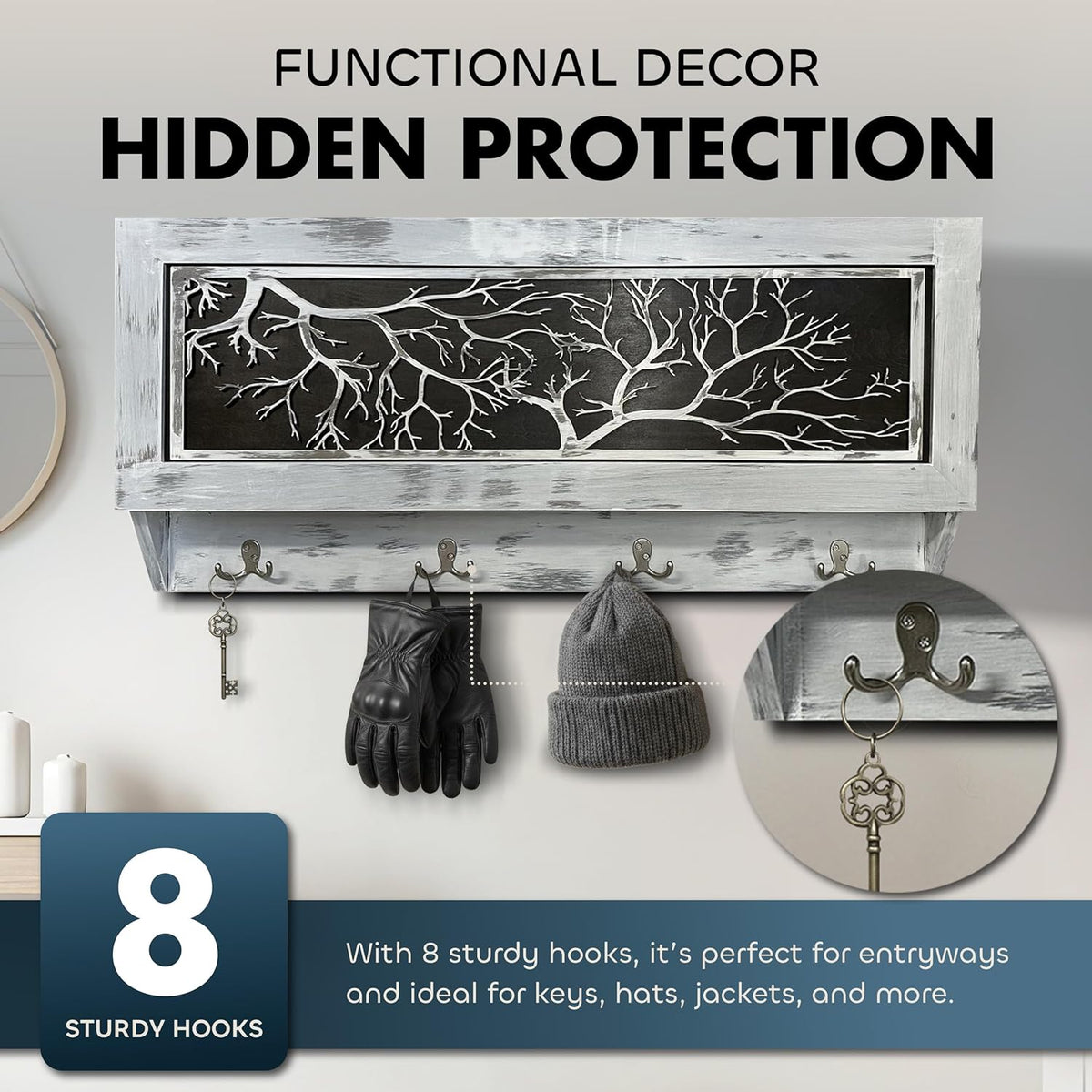 Wall-mounted wooden gun concealment decor with a tree branch cutout design and eight hooks holding keys, gloves, and a hat, shown in a gray distressed finish.