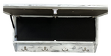 Rectangular wall-mounted storage box with a distressed white finish and four metal hooks below the hinged lid, shown open with a black interior compartment.
