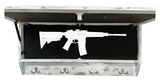White distressed wooden wall-mounted cabinet with four metal hooks and black-lined interior holding a white decorative rifle replica.