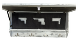 Gray wooden wall-mounted cabinet with four metal hooks and cushioned black interior slots shaped to hold guns, shown with lid open from above.