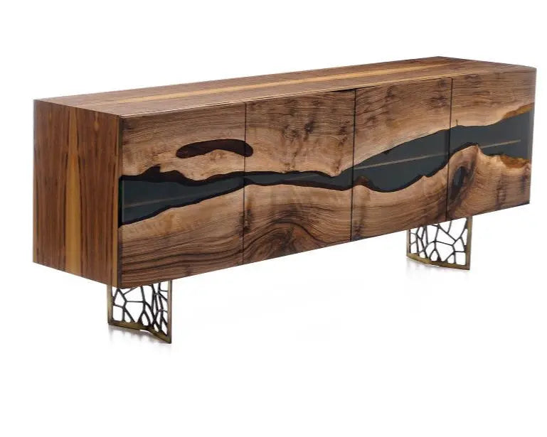 Wood and resin dining room buffet and sideboard table made of walnut from the Voronoi Collection