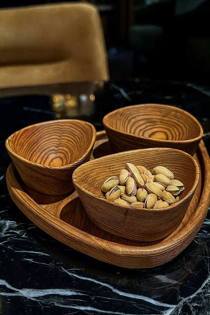 Set of handcrafted wooden nut bowls with tray showing natural wood grain and sandblasted texture