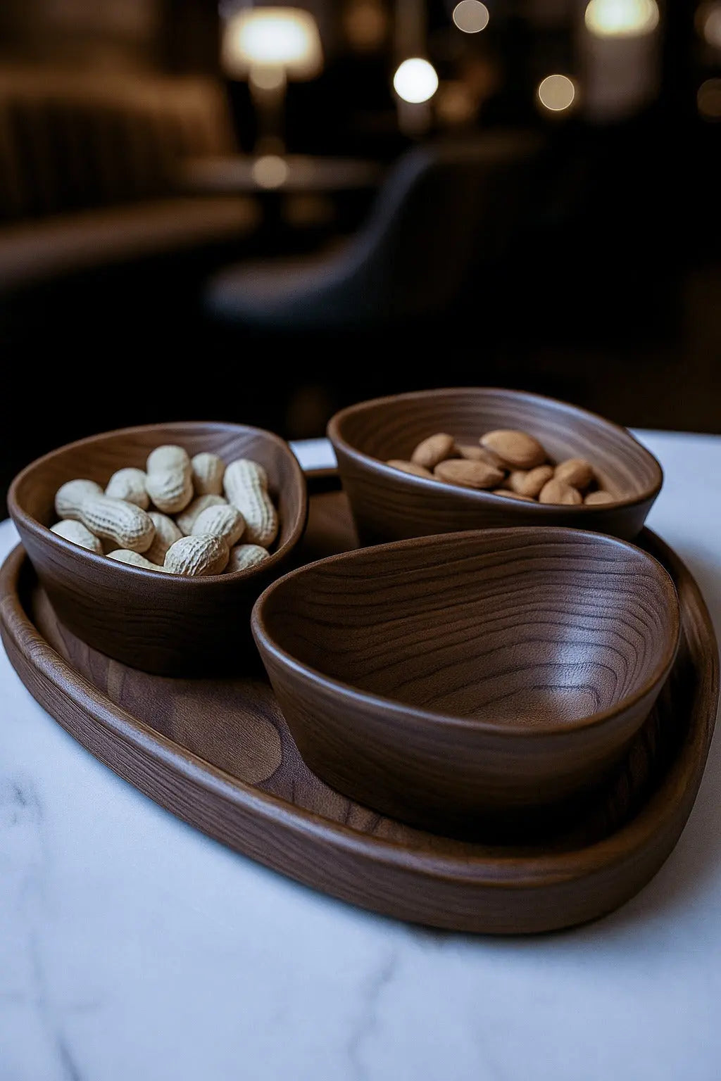 Set of handcrafted wooden nut bowls with tray showing natural wood grain and sandblasted texture