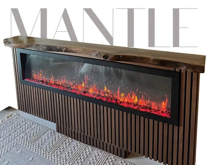 Custom live edge walnut wood mantel shelf above modern fireplace showcasing natural wood grain and handcrafted detail