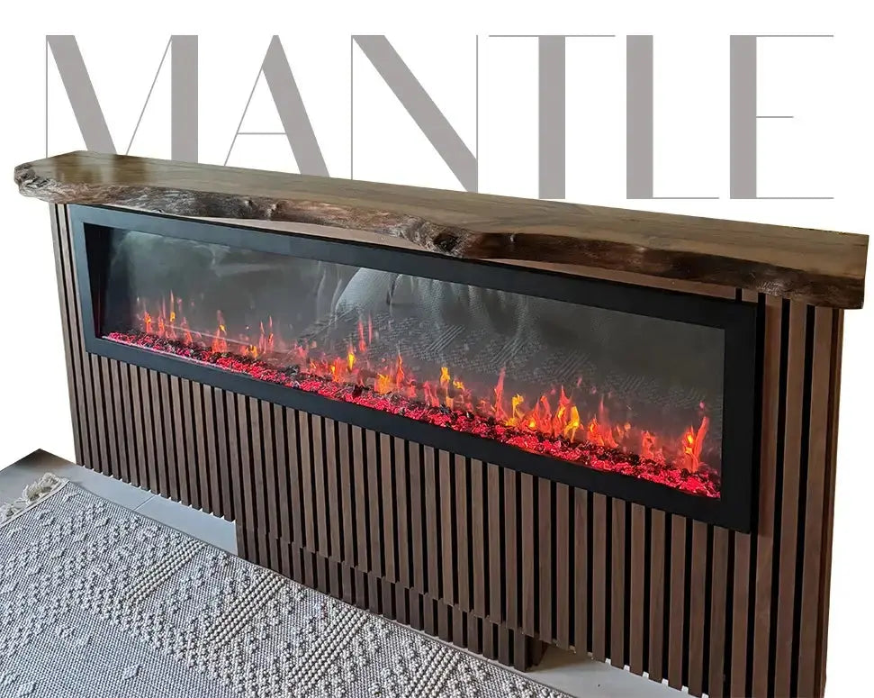 Custom live edge walnut wood mantel shelf above modern fireplace showcasing natural wood grain and handcrafted detail