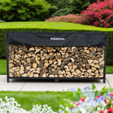 The Woodhaven 8 ft Steel Firewood Rack in black and brown with optional seasoning cover and support bases