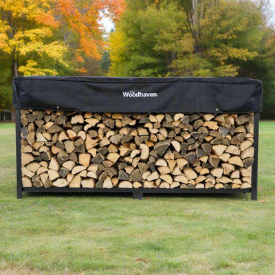 Woodhaven 10 ft Firewood Rack holding stacked firewood outdoors