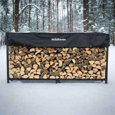 Woodhaven 10 ft Firewood Rack holding stacked firewood outdoors