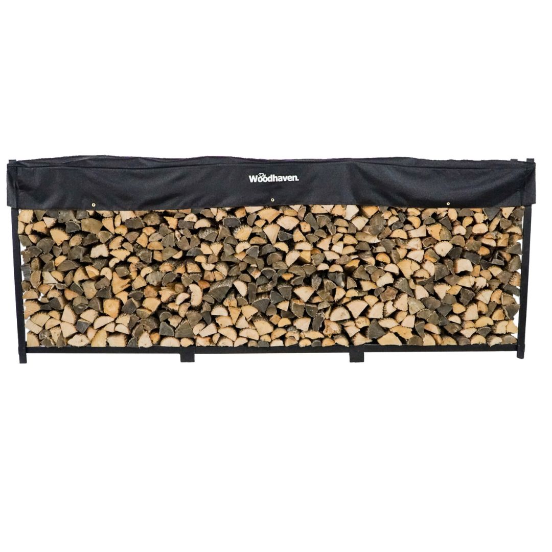 Woodhaven 12 ft Firewood Rack holding stacked firewood outdoors