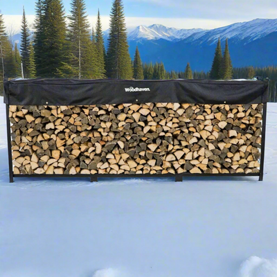 Woodhaven 12 ft Firewood Rack holding stacked firewood outdoors