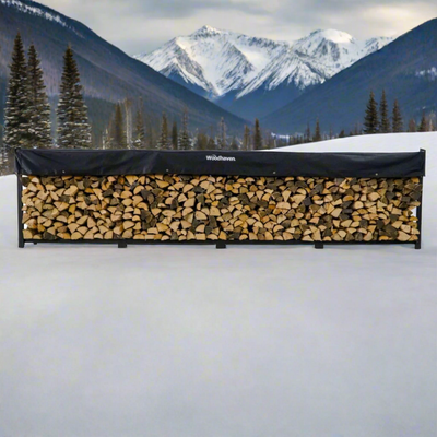 Woodhaven 16 ft Firewood Rack holding stacked firewood outdoors