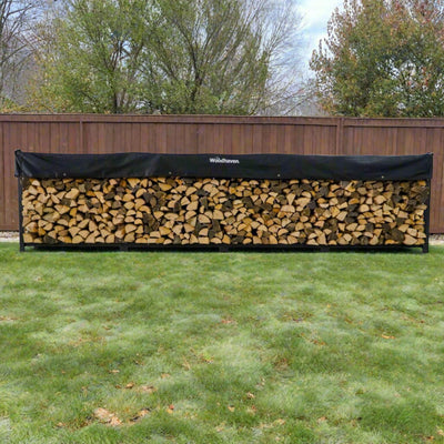 Woodhaven 16 ft Firewood Rack holding stacked firewood outdoors
