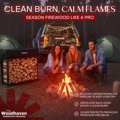 Woodhaven 4 ft Firewood Rack holding stacked firewood outdoors