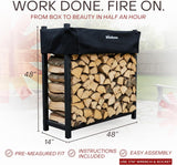Woodhaven 4 ft Firewood Rack holding stacked firewood outdoors