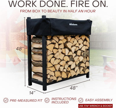 Woodhaven 4 ft Firewood Rack holding stacked firewood outdoors
