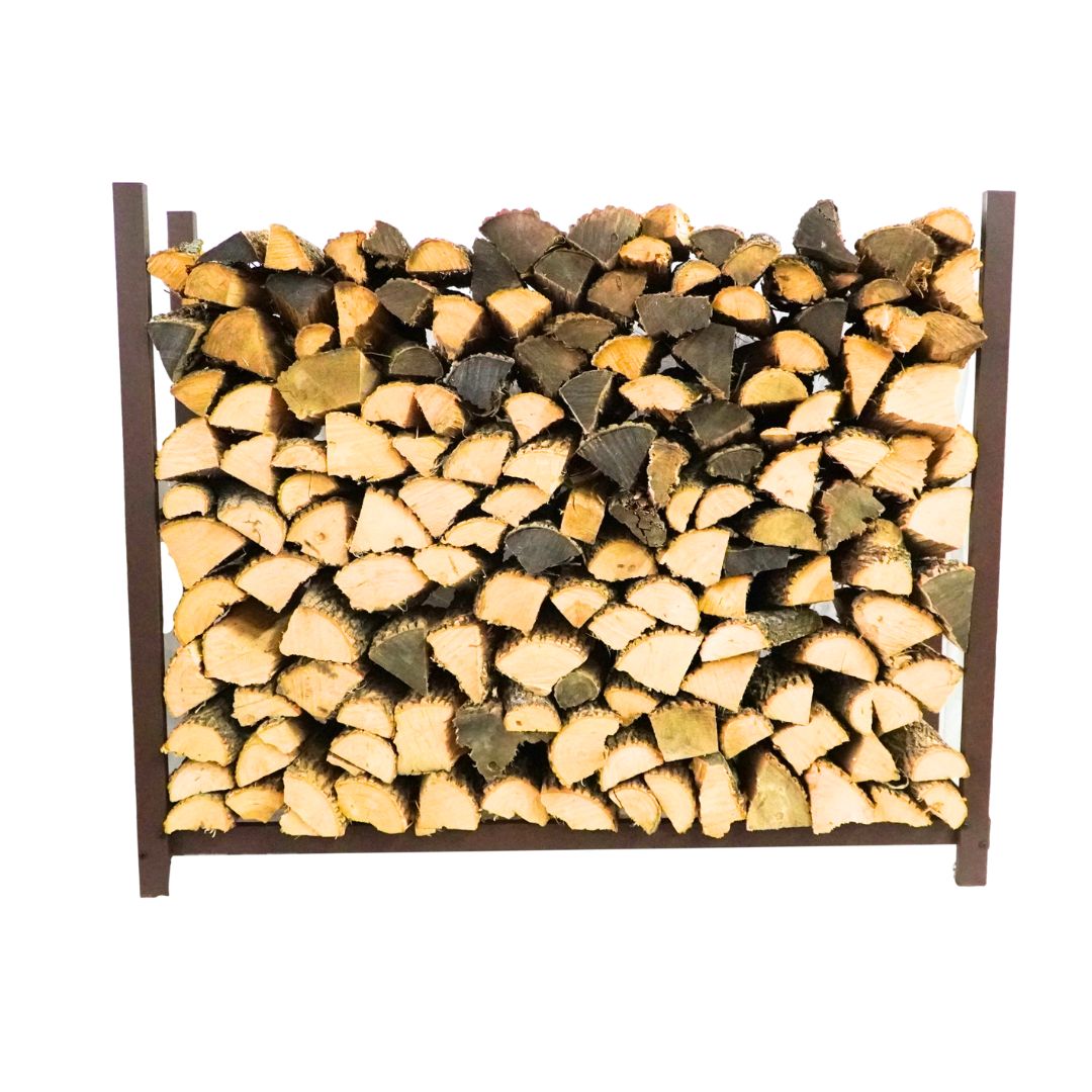 Woodhaven 4 ft Firewood Rack holding stacked firewood outdoors