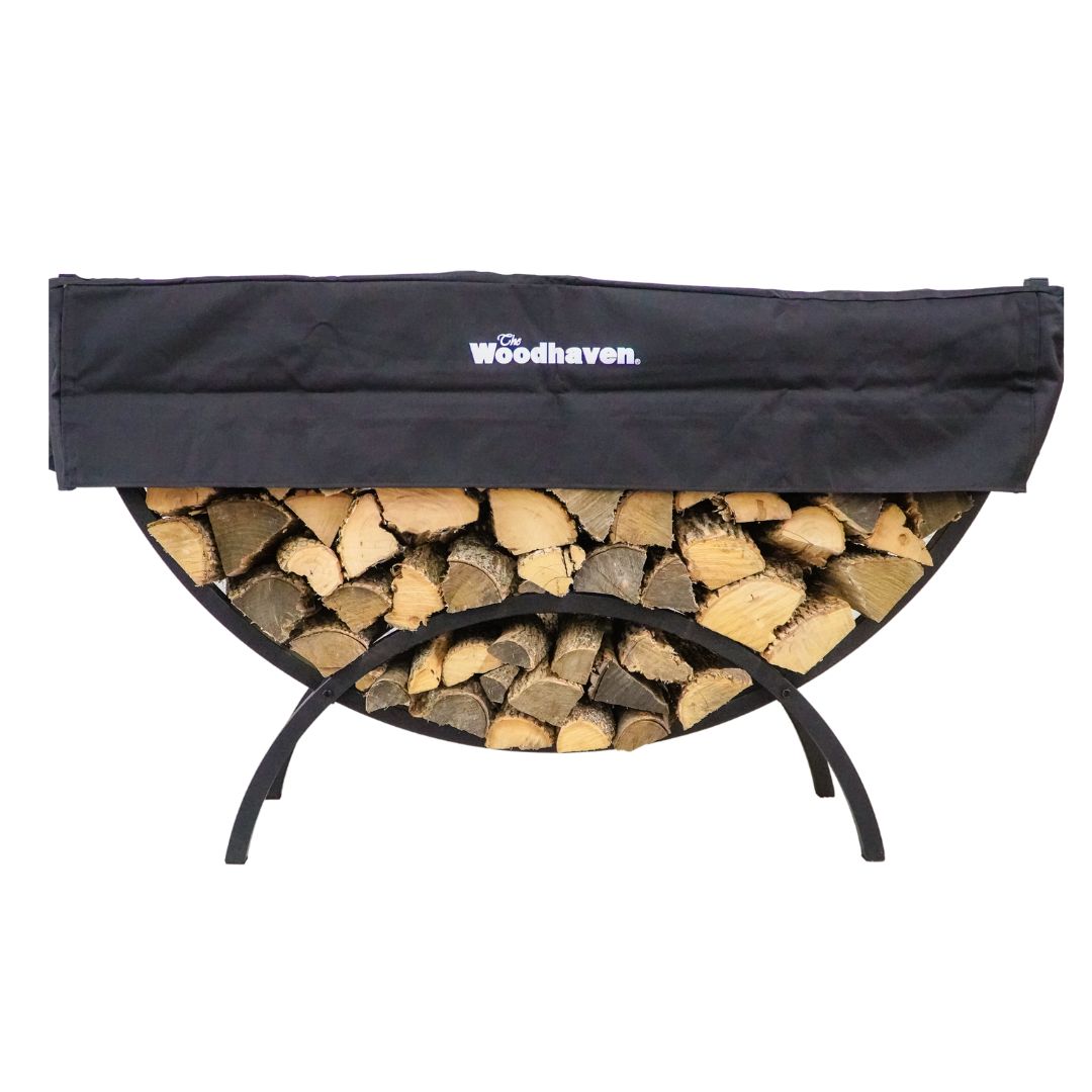 Woodhaven 5 ft Crescent Firewood Rack with black powder coat finish and seasoning cover