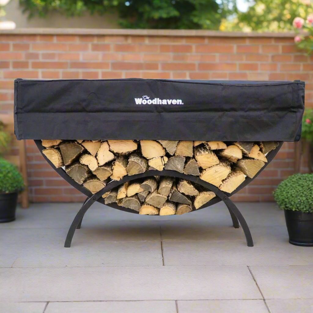 Woodhaven 5 ft Crescent Firewood Rack with black powder coat finish and seasoning cover