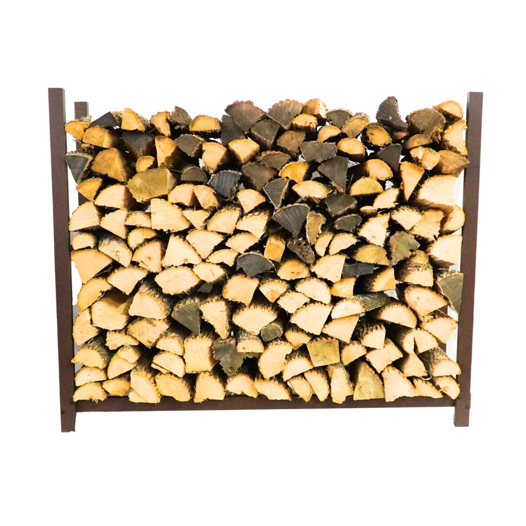 The Woodhaven 5 ft Firewood Rack in black showing stacked firewood on a patio