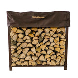 The Woodhaven 5 ft Firewood Rack in black showing stacked firewood on a patio