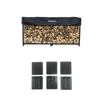 The Woodhaven 8 ft Steel Firewood Rack in black and brown with optional seasoning cover and support bases