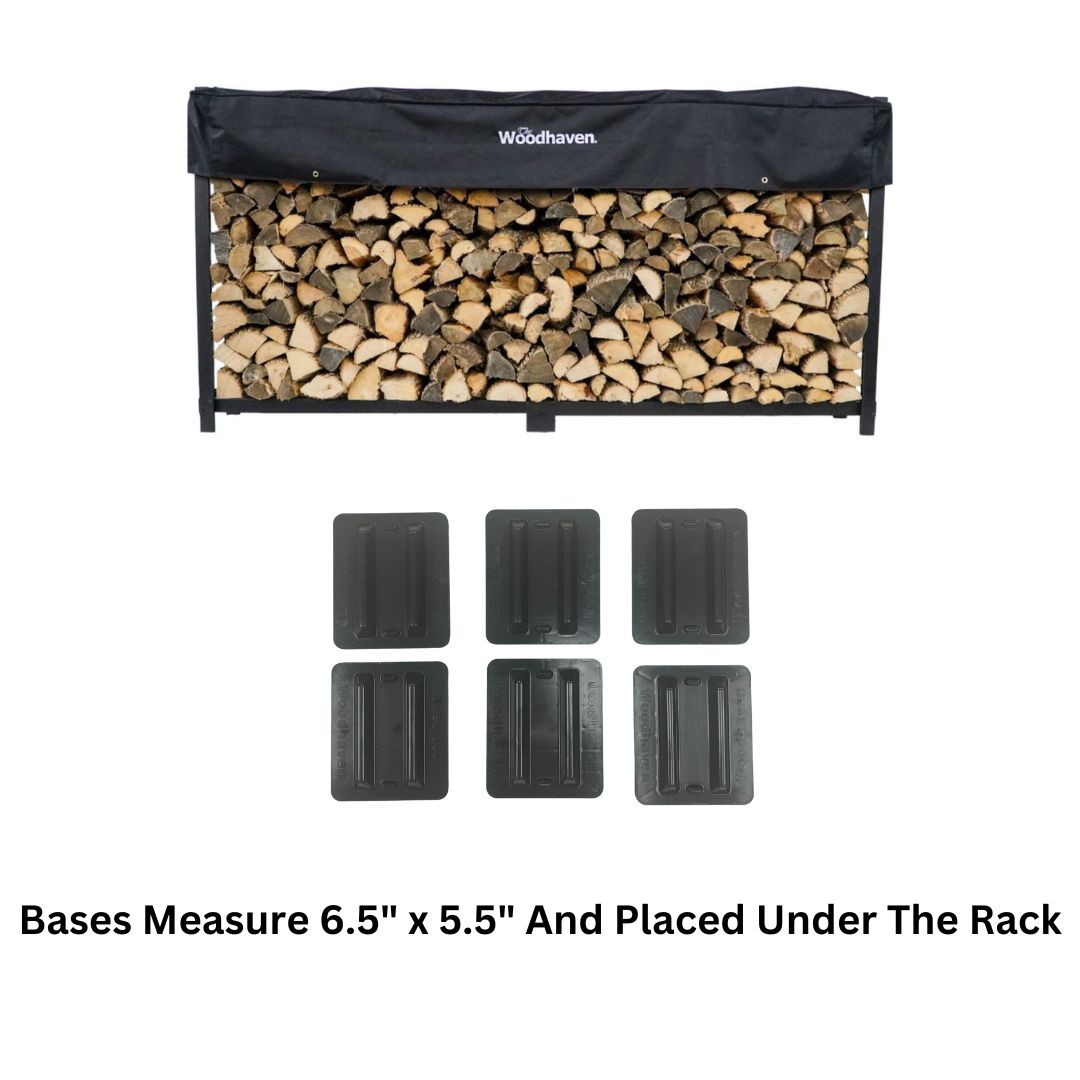 The Woodhaven 8 ft Steel Firewood Rack in black and brown with optional seasoning cover and support bases