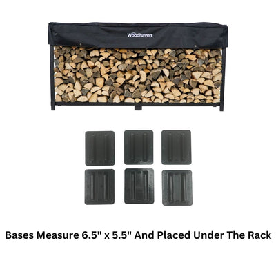 The Woodhaven 8 ft Steel Firewood Rack in black and brown with optional seasoning cover and support bases