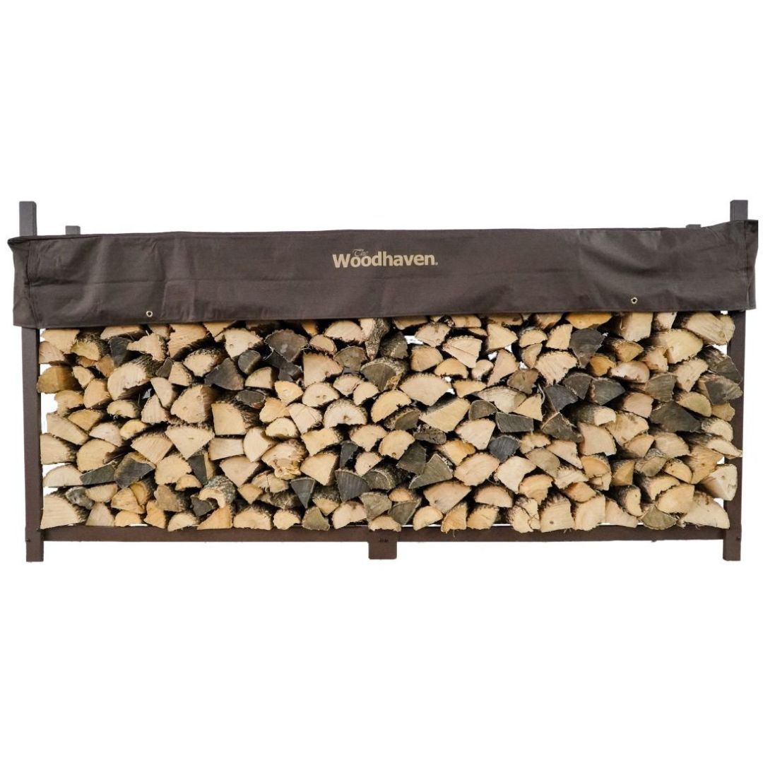The Woodhaven 8 ft Steel Firewood Rack in black and brown with optional seasoning cover and support bases
