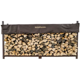The Woodhaven 8 ft Steel Firewood Rack in black and brown with optional seasoning cover and support bases