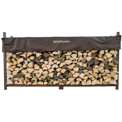 The Woodhaven 8 ft Steel Firewood Rack in black and brown with optional seasoning cover and support bases
