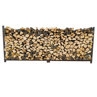 The Woodhaven 8 ft Steel Firewood Rack in black and brown with optional seasoning cover and support bases