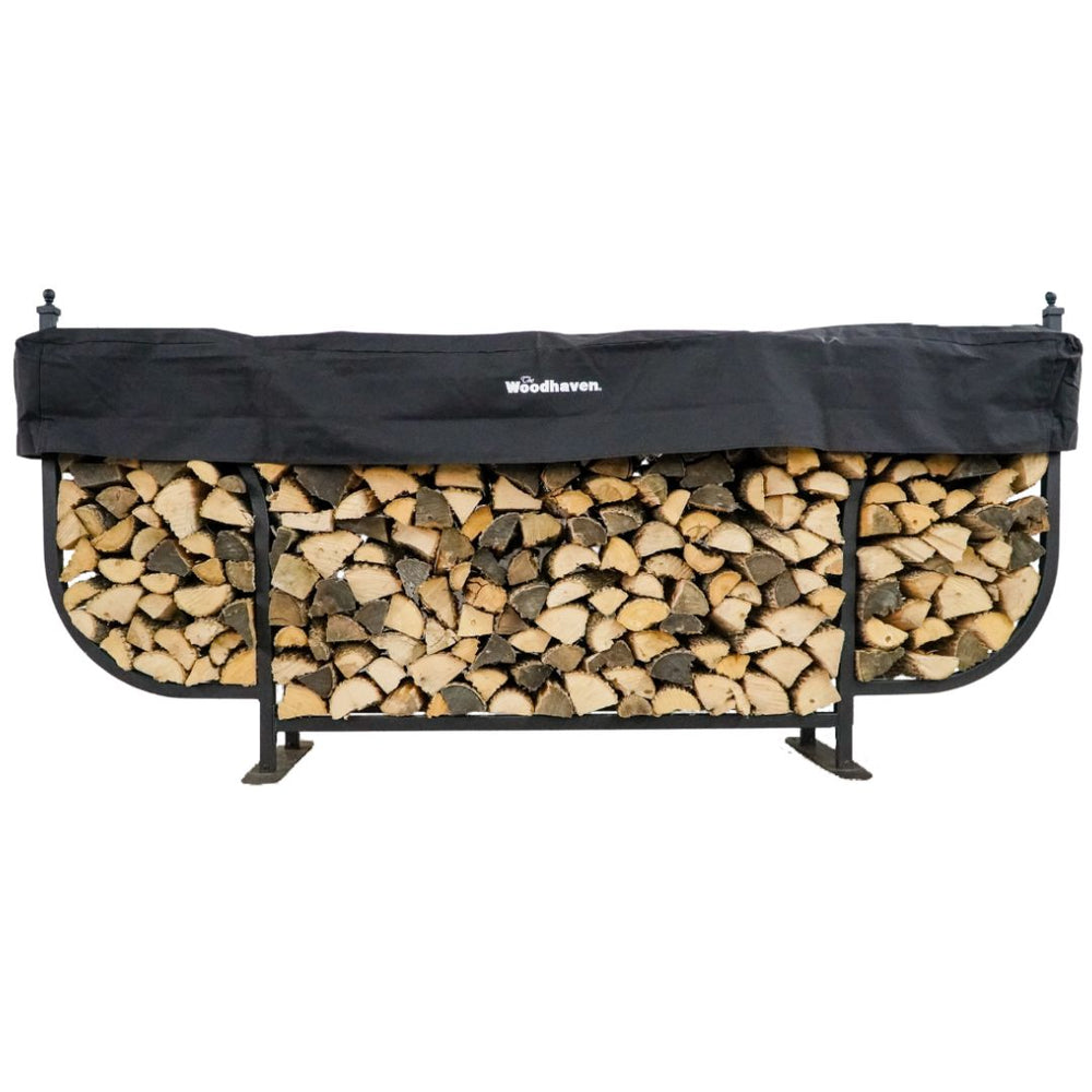 Woodhaven 9 ft Courtyard Firewood Rack with seasoning cover holding stacked firewood outdoors