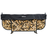 Woodhaven 9 ft Courtyard Firewood Rack with seasoning cover holding stacked firewood outdoors