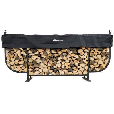 Woodhaven 9 ft Courtyard Firewood Rack with seasoning cover holding stacked firewood outdoors