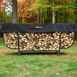 Woodhaven 9 ft Courtyard Firewood Rack with seasoning cover holding stacked firewood outdoors