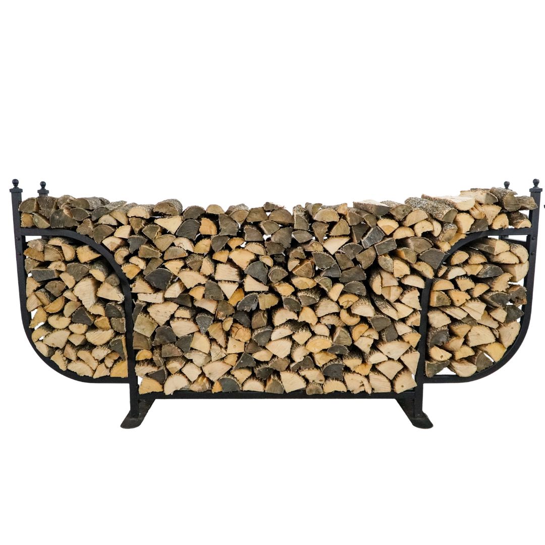 Woodhaven 9 ft Courtyard Firewood Rack with seasoning cover holding stacked firewood outdoors