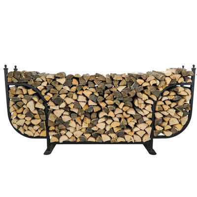 Woodhaven 9 ft Courtyard Firewood Rack with seasoning cover holding stacked firewood outdoors